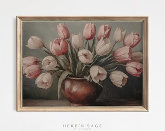 Original Moody Tulip Painting | Dark Floral Botanical Art | Vintage Still Life Print | Old World Wall Decor | Rustic Cottagecore Printable