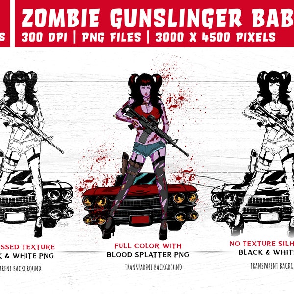 Zombie Gunslinger Girl Blood Splatter PNG | 3 Variations Undead Woman | Zombie girl png shilouette for t-shirts, mugs, wall art, print.