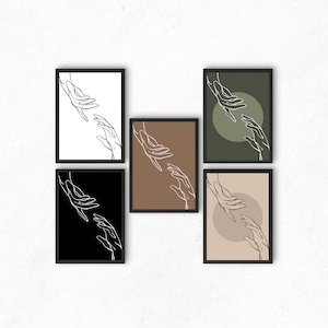 Könnte beinhalten: Set aus fünf gerahmten Kunstdrucken mit minimalistischen Strichzeichnungen von sich ausstreckenden Händen. Die Drucke haben schwarze Rahmen und Hintergründe in Weiß, Schwarz, Braun, Olivgrün und Beige.