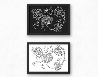 Rosenblumenüberzug | Hand gezeichnet Digitaldruck | Strichzeichnungen | Moderne & moderne Kunst | Rahmenfähig | Druckbar | Schwarz | Weiß