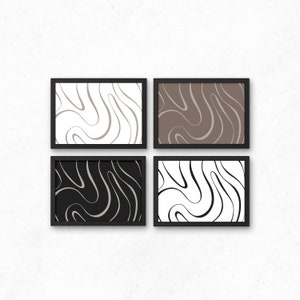 May include: Four framed prints with abstract wavy line designs in black, white, and brown.