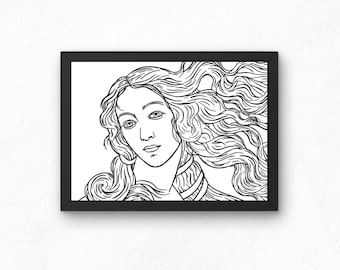 May include: Black and white line art print of a woman with long flowing hair. The woman's face is visible and she is looking to the left. The print is framed in a black frame.