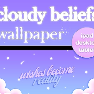 Könnte beinhalten: Eine digitale Tapete mit einem lila und blauen Farbverlauf als Hintergrund. Der Text "wishes become reality" ist in weißer, kursiv geschriebener Schrift dargestellt. Auf dem Hintergrund befinden sich weiße Sterne und ein Sternschnuppen. Am unteren Rand des Bildes befinden sich zwei weiße Wolken. Der Text "cloudy beliefs wallpaper" ist oben im Bild in weißer Schrift dargestellt. Der Text "ipad desktop tablet" ist in weißer Schrift auf einem rosa Kreis dargestellt.