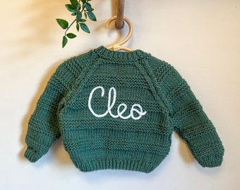1-2 years personalised hand knitted baby cardigans.Hand embroidered cardigans. Baby name knits.