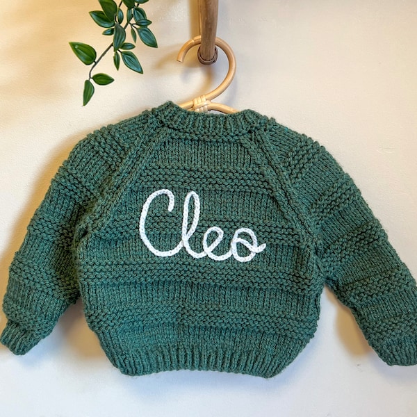 1-2 years personalised hand knitted baby cardigans.Hand embroidered cardigans. Baby name knits.