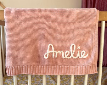 Personalised baby blankets. Hand embroidered blankets. Baby name knits - newborn baby gift
