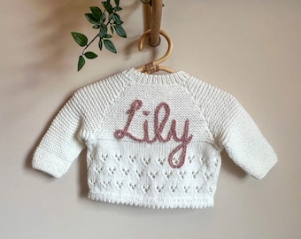 3-6 months personalised hand knitted baby cardigans. Hand embroidered cardigans. Baby name knits.