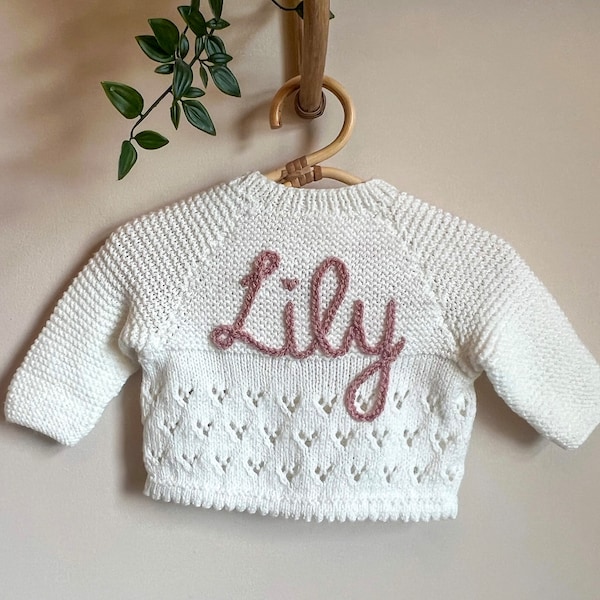 3-6 months personalised hand knitted baby cardigans. Hand embroidered cardigans. Baby name knits.