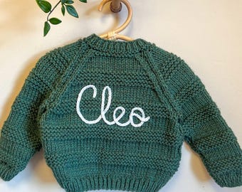 1-2 years personalised hand knitted baby cardigans.Hand embroidered cardigans. Baby name knits.