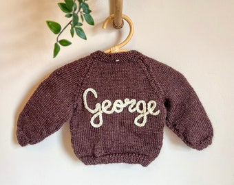 6-12 months Personalised hand knitted baby cardigans. Hand embroidered cardigans. Baby name knits.