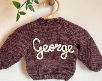 6-12 months Personalised hand knitted baby cardigans. Hand embroidered cardigans. Baby name knits.