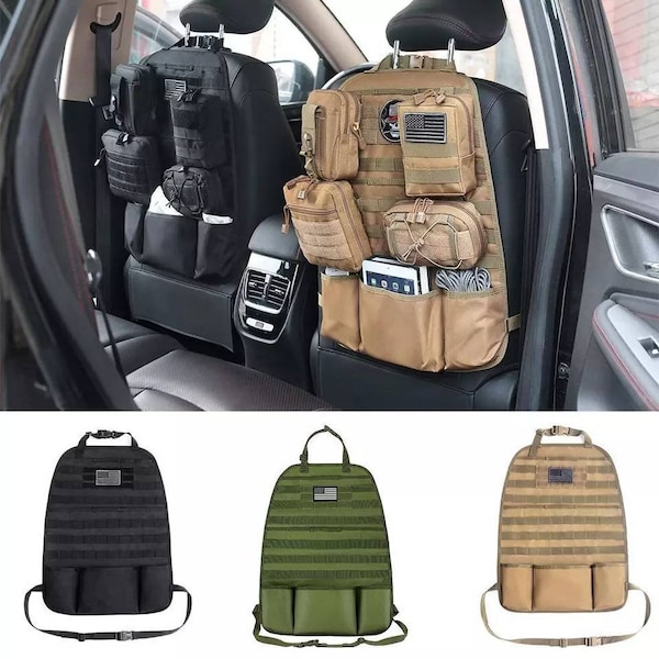 Organizador colgante para asiento de automóvil de estilo militar / MOLLE + Bolsillos tácticos + Parche de gancho y bucle / 3 colores disponibles