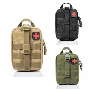 May include: Three tactical first aid bags in different colors: tan, black, and green. Each bag has a red cross patch and adjustable straps.