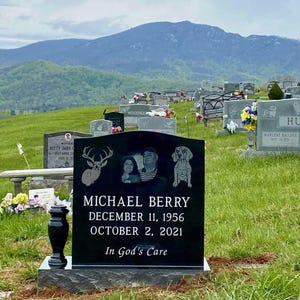 Premium Black Granite Single Upright Cemetery Headstone Grave Marker, Memorial Stone with Etched Portrait