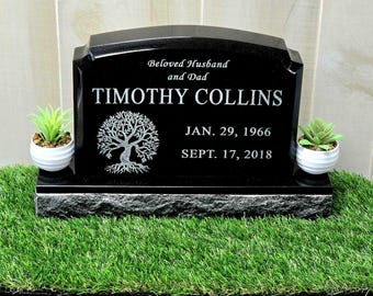 Laser Engraved Black Granite Mini Memorial HeadStone: Custom Grave Marker (12x8", 16x4" Base) Sympathy Garden Tribute Stone, Condolence Gift