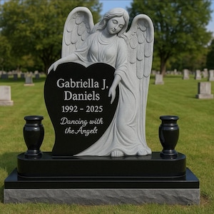 Custom Sculpted All Natural Black Granite Standing Angel Grave Site Headstone Memorial, Personalized Gravestone Monument
