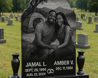 Life Sized Custom Headstone Cemetery Grave Marker Memorial Stones, Black Granite, Full Portrait Etchings