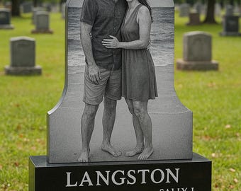 Life Sized Custom Headstone Cemetery Grave Marker Memorial Stones, Black Granite, Full Portrait Etchings