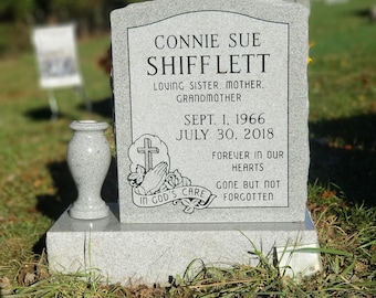 Premium Gray Granite Single Upright Headstone Grave Marker, Cemetery Gravestone Monument, add an Optional Vase and Porcelain Photo