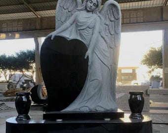 Custom Sculpted All Natural Black Granite Standing Angel Grave Site Headstone Memorial, Personalized Gravestone Monument