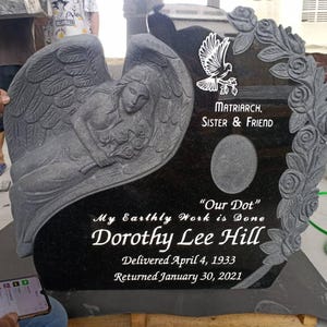Sculpted Angel Black Granite Headstone 28x32, Personalized Custom Tombstone, Cemetery Grave Marker, Monument