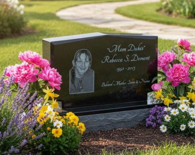 Featured listing image: Personalized Laser Engraved Mini Upright Black Granite Headstone | Cemetery Grave Marker | Footstone | Garden Stone | Pet Memorial Stone