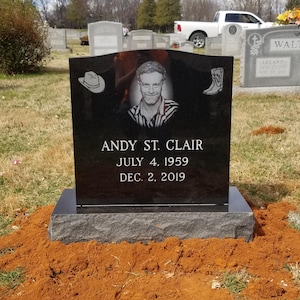 Premium Black Granite Single Upright Cemetery Headstone Grave Marker, Memorial Stone with Etched Portrait