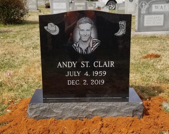 Premium Black Granite Single Upright Cemetery Headstone Grave Marker, Memorial Stone with Etched Portrait
