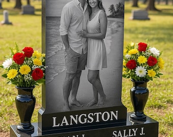 Life Sized Custom Headstone Cemetery Grave Marker Memorial Stones, Black Granite, Full Portrait Etchings