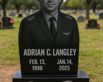 Life Sized Custom Headstone Cemetery Grave Marker Memorial Stones, Black Granite, Full Portrait Etchings