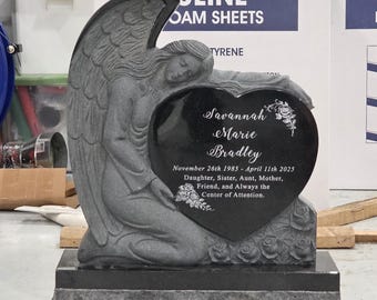 Sculpted Angel Memorial Headstone, Black Granite Cemetery Grave