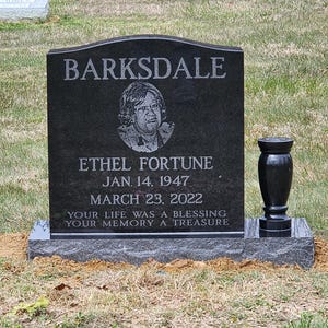 Premium Black Granite Single Upright Cemetery Headstone Grave Marker, Memorial Stone with Etched Portrait