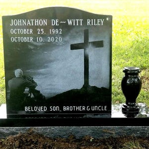 Premium Black Granite Single Upright Cemetery Headstone Grave Marker, Memorial Stone with Etched Portrait