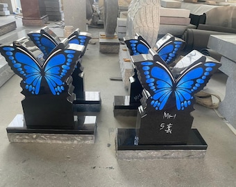 Laser Engraved Black Granite Butterfly Cemetery Headstone 24x26" | Custom Headstone | Personalized Memorial Stone