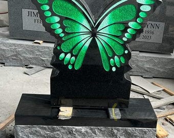 EconoMonument™ Butterfly Headstone 18x20 | Custom Headstone | Personalized Memorial Stone | Cemetery Monument | Black Granite Tombstone