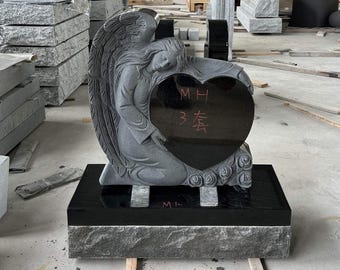 EconoMonument™ Sculpted Angel Headstone, Cemetery Monument. Black Granite Grave Marker, Custom Tombstone Memorial