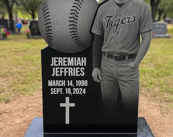 Life Sized Custom Headstone Cemetery Grave Marker Memorial Stones, Black Granite, Full Portrait Etchings