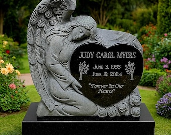 Angel Heart Headstone – Black Granite Cemetery Grave Marker, Memorial Stone, Garden Memorial, Personalized Remembrance Gift
