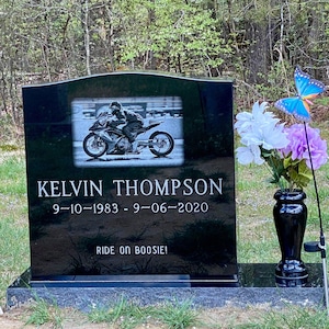 Premium Black Granite Single Upright Cemetery Headstone Grave Marker, Memorial Stone with Etched Portrait