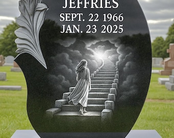Engraved Black Granite Lily & Butterfly Headstone: Cemetery Memorial Monument