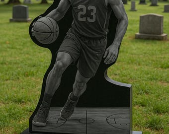 Life Sized Custom Headstone Cemetery Grave Marker Memorial Stones, Black Granite, Full Portrait Etchings