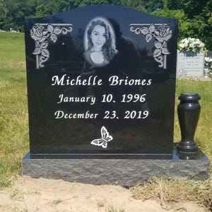 Premium Black Granite Single Upright Cemetery Headstone Grave Marker, Memorial Stone with Etched Portrait