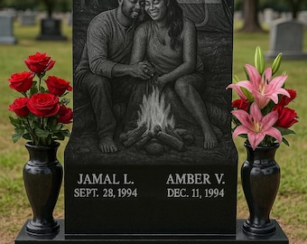 Life Sized Custom Headstone Cemetery Grave Marker Memorial Stones, Black Granite, Full Portrait Etchings