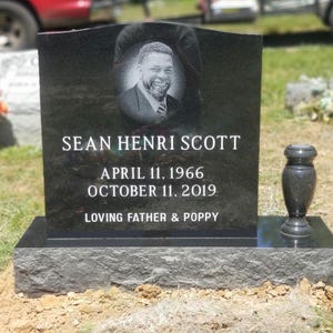 Premium Black Granite Single Upright Cemetery Headstone Grave Marker, Memorial Stone with Etched Portrait