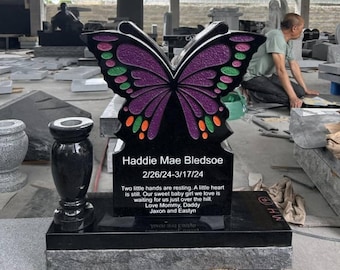 EconoMonument™ Butterfly Headstone 18x20 | Custom Headstone | Personalized Memorial Stone | Cemetery Monument | Black Granite Tombstone