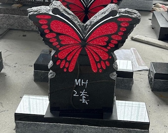 EconoMonument™ Butterfly Headstone 18x20 | Custom Headstone | Personalized Memorial Stone | Cemetery Monument | Black Granite Tombstone