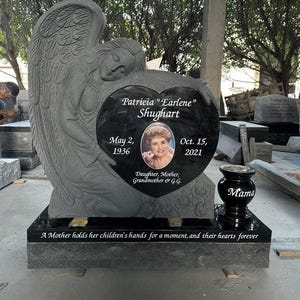 Sculpted Angel Heart Headstone - Custom Statue Monument - Cemetery Grave Marker - 24x6x28 Top on 30x12x6 Base, Premium Black Granite