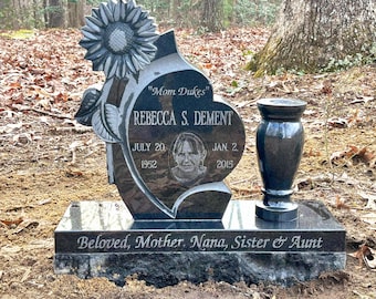 EconoMonument™ Personalized Cemetery Headstone Grave Marker, Sculpted Sunflower Black Granite Memorial Stone, Infant Cemetery Grave Marker