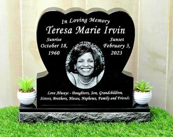 Laser Engraved Black Granite Memorial Stone: Gravesite or Garden Headstone