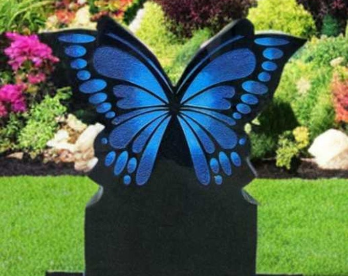 Featured listing image: Laser Engraved Black Granite Butterfly Headstone 18x20 | Custom Headstone | Personalized Memorial Stone